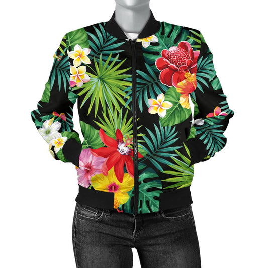 Hibiscus Hawaiian Flower Tropical Women Casual Bomber Jacket