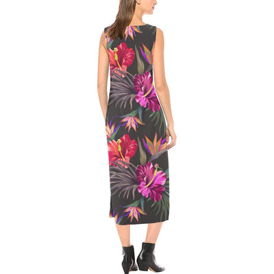 Hibiscus Pattern Print Design HB014 Sleeveless Open Fork Long Dress