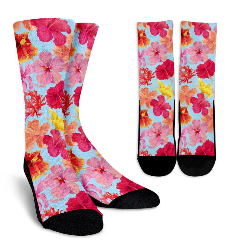 Hibiscus Pattern Print Design HB020 Crew Socks-JORJUNE.COM