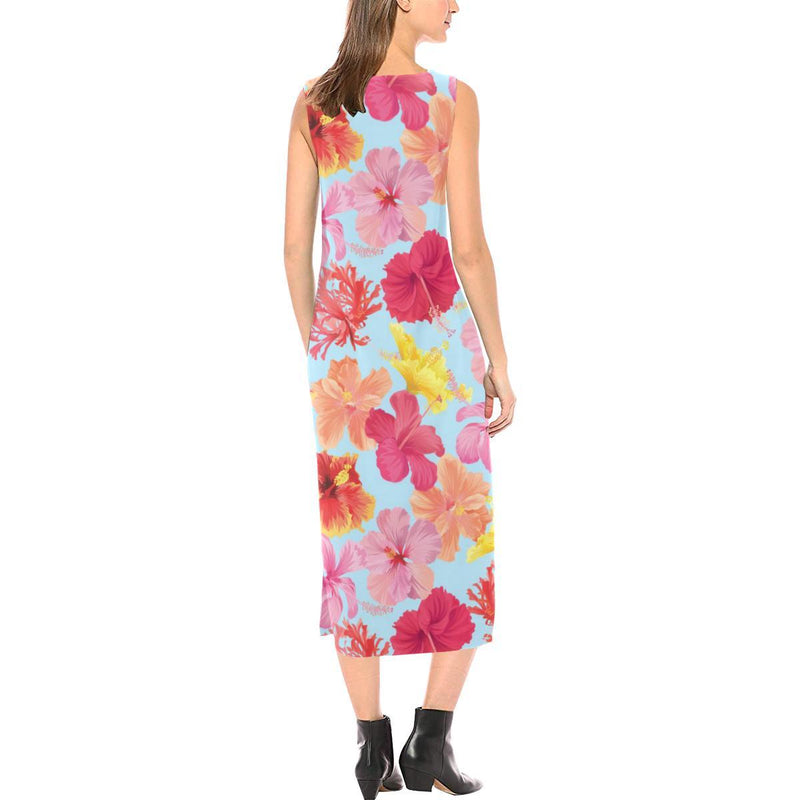 Hibiscus Pattern Print Design HB020 Sleeveless Open Fork Long Dress