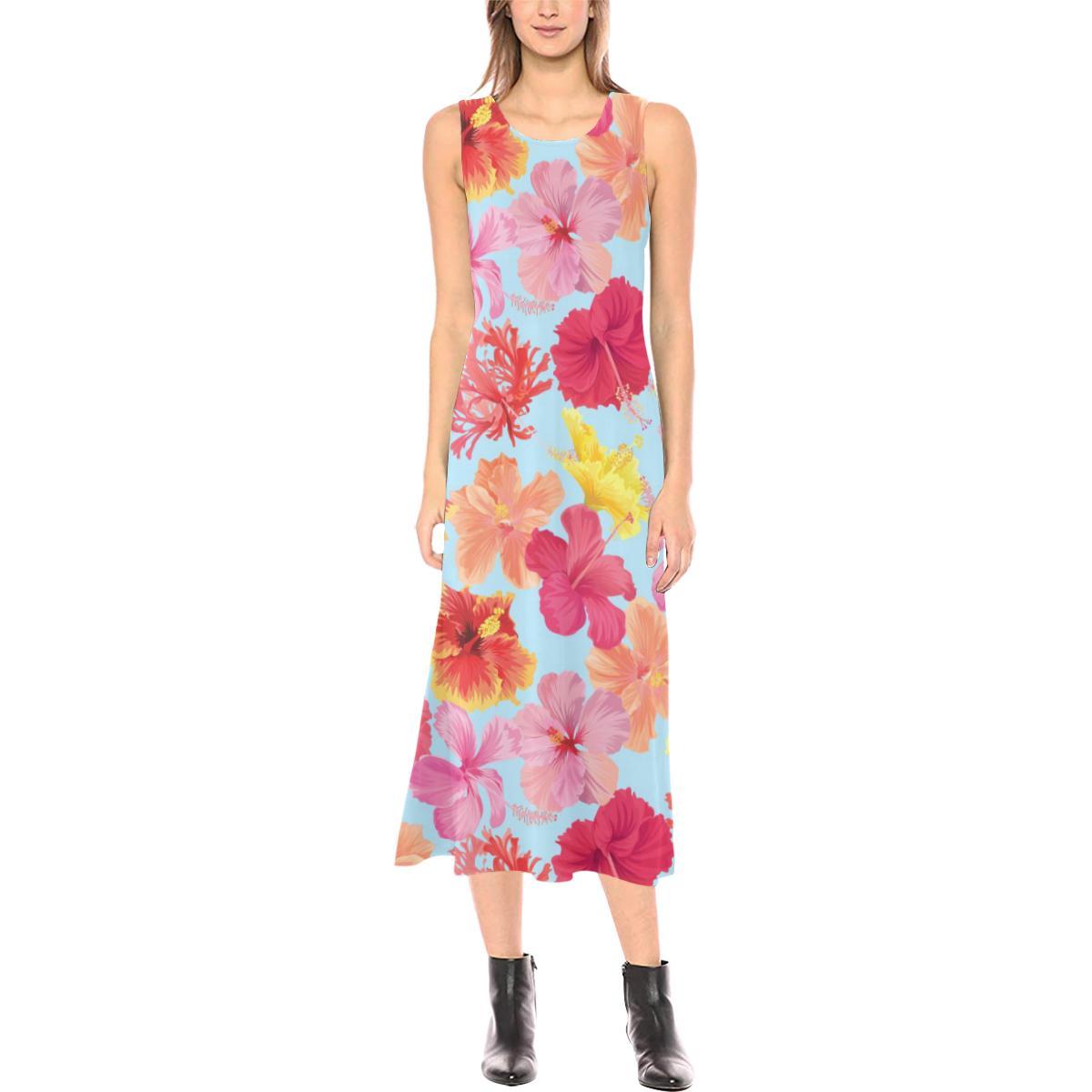 Hibiscus Pattern Print Design HB020 Sleeveless Open Fork Long Dress