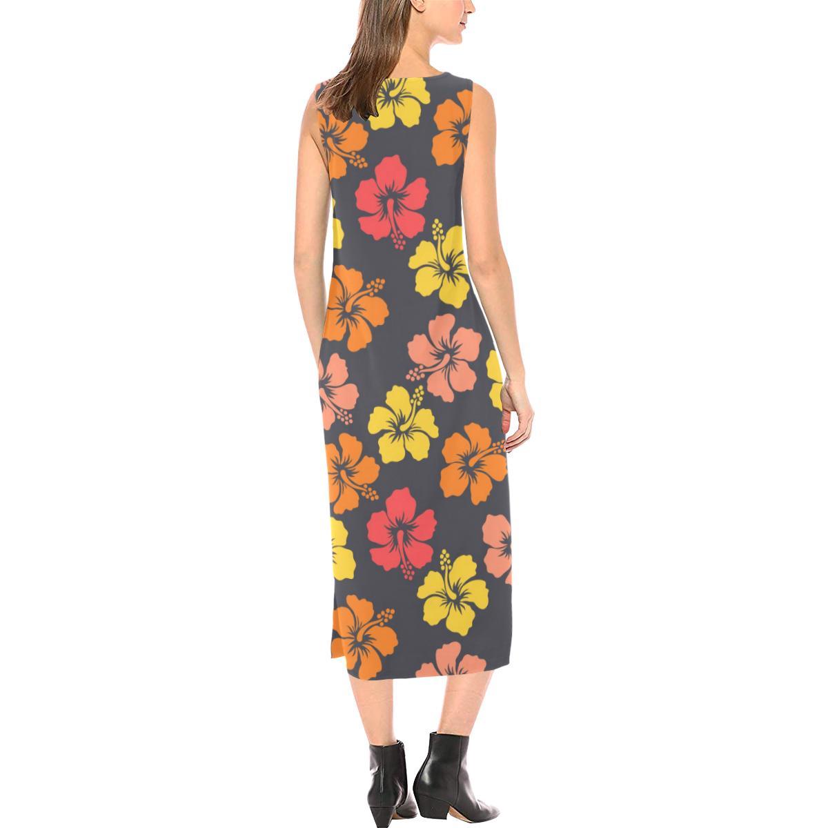 Hibiscus Pattern Print Design HB024 Sleeveless Open Fork Long Dress