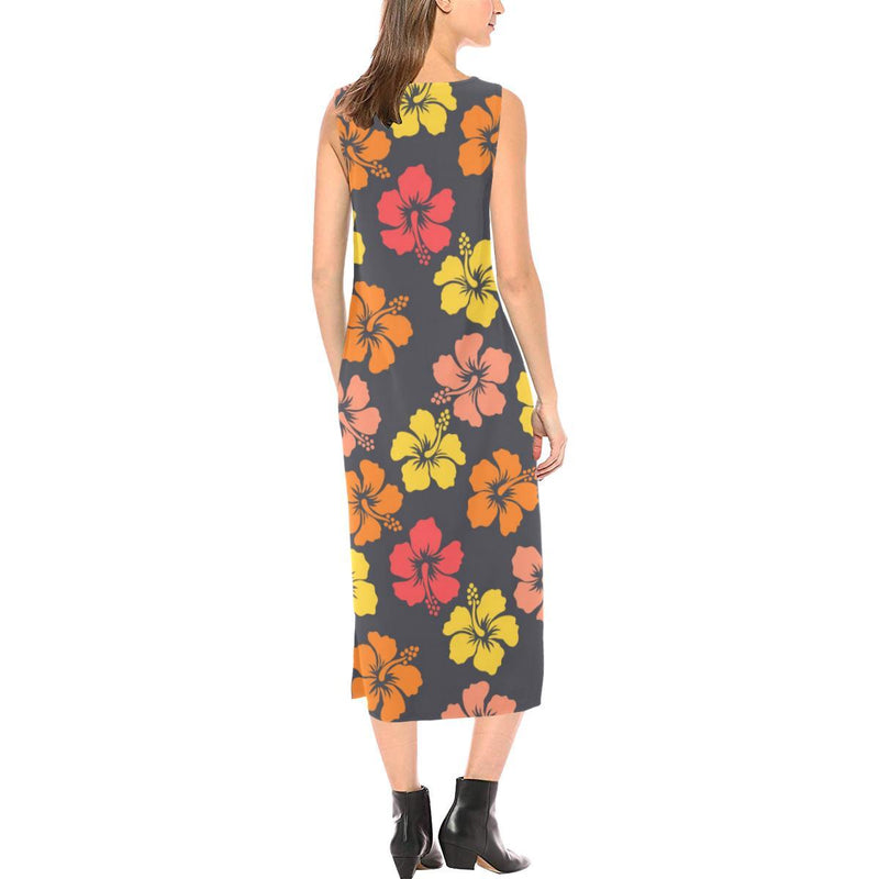 Hibiscus Pattern Print Design HB024 Sleeveless Open Fork Long Dress