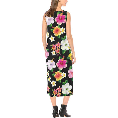 Hibiscus Pattern Print Design HB025 Sleeveless Open Fork Long Dress