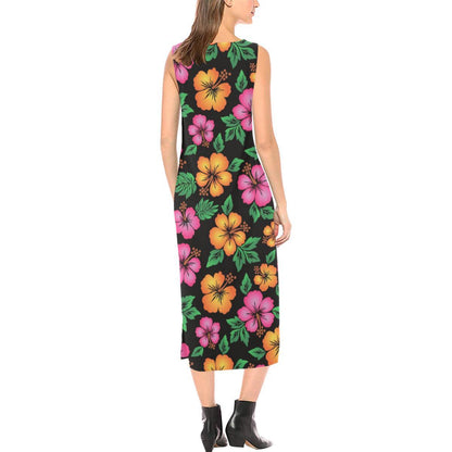 Hibiscus Pattern Print Design HB029 Sleeveless Open Fork Long Dress