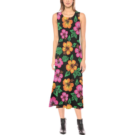 Hibiscus Pattern Print Design HB029 Sleeveless Open Fork Long Dress