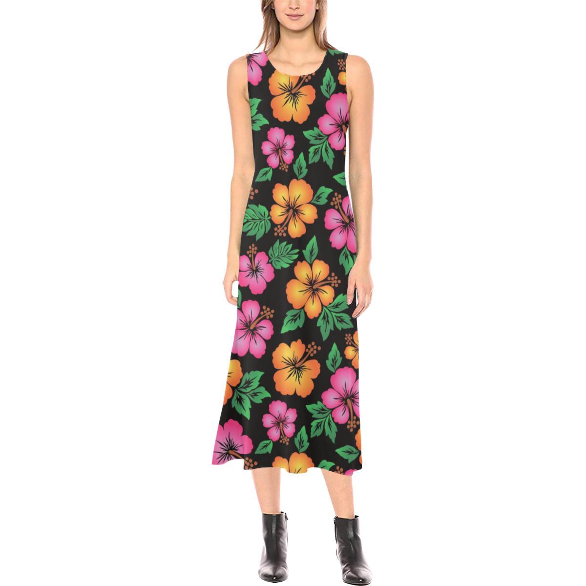 Hibiscus Pattern Print Design HB029 Sleeveless Open Fork Long Dress