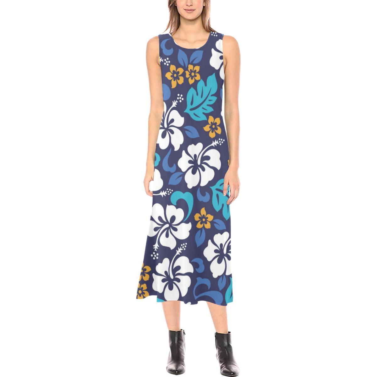 Hibiscus Pattern Print Design HB030 Sleeveless Open Fork Long Dress