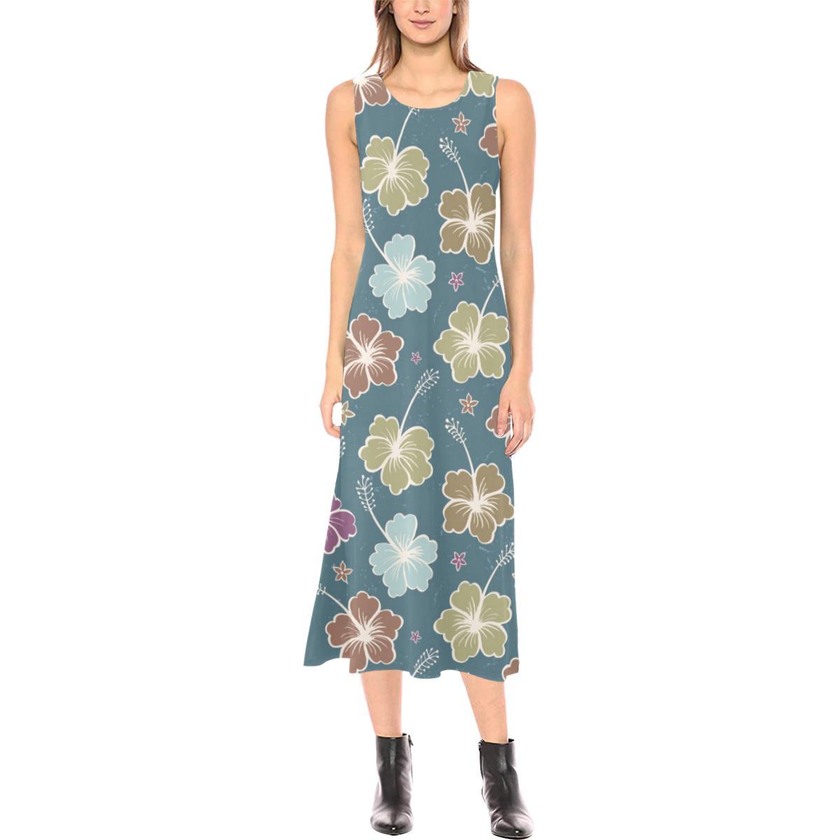 Hibiscus Pattern Print Design HB033 Sleeveless Open Fork Long Dress