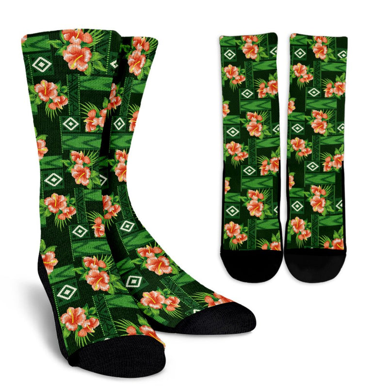 Hibiscus Pattern Print Design HB05 Crew Socks-JORJUNE.COM