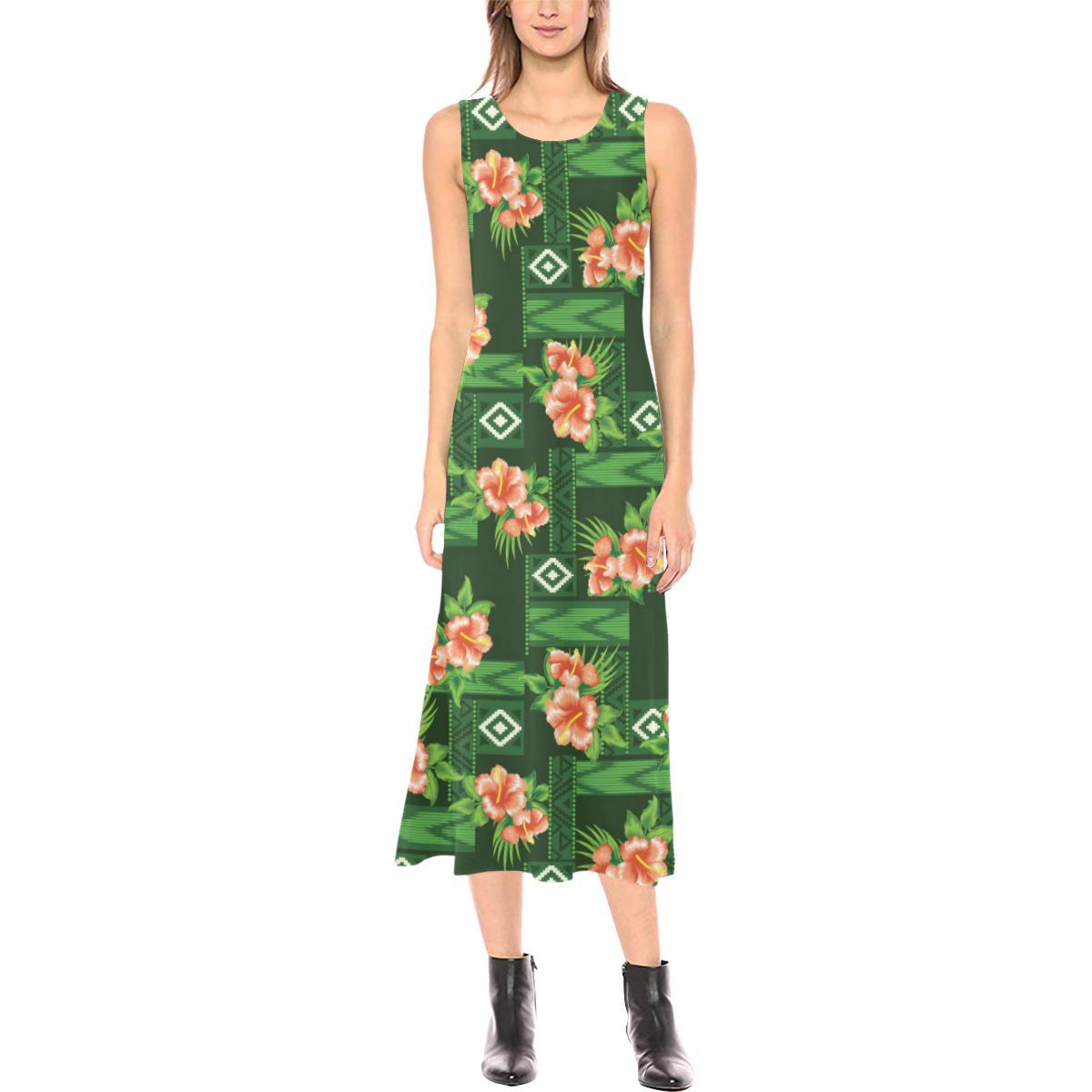 Hibiscus Pattern Print Design HB05 Sleeveless Open Fork Long Dress