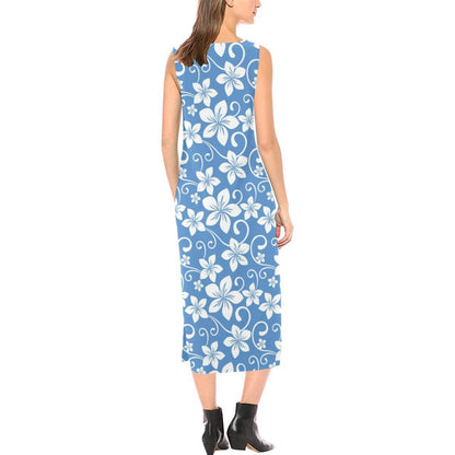 Hibiscus Pattern Print Design HB09 Sleeveless Open Fork Long Dress