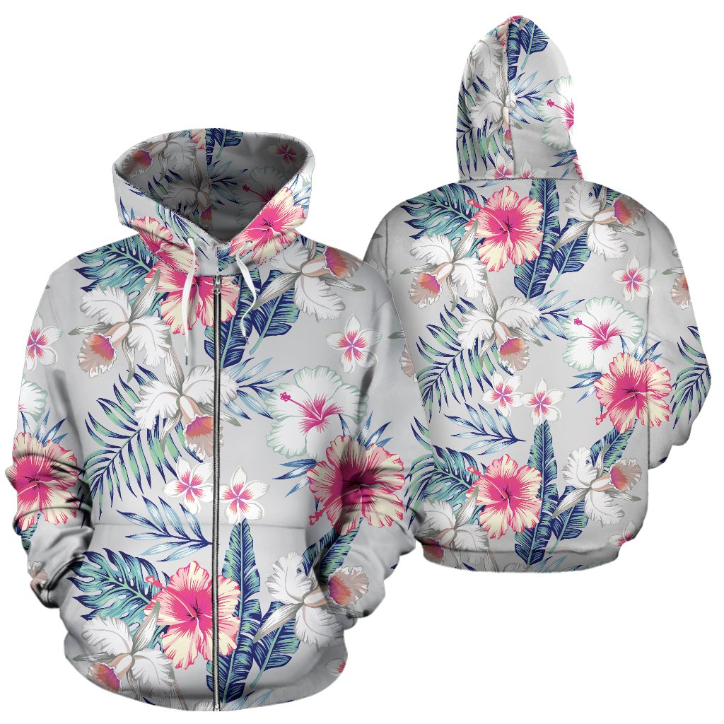 Hibiscus Print All Over Zip Up Hoodie