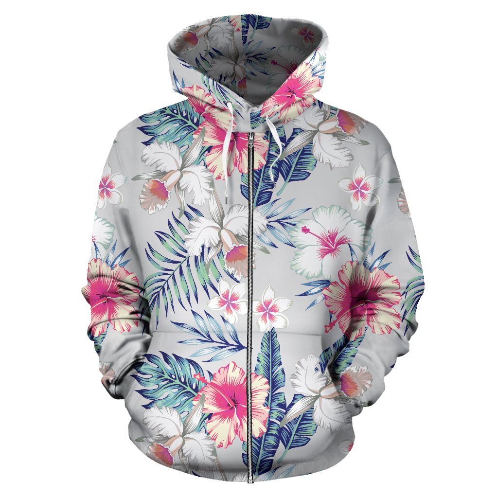 Hibiscus Print All Over Zip Up Hoodie