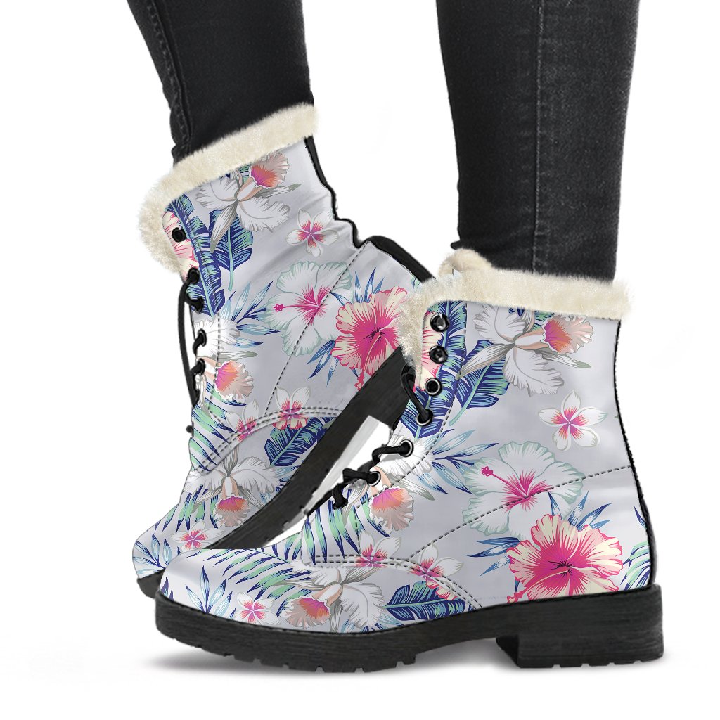 Hibiscus Print Faux Fur Leather Boots