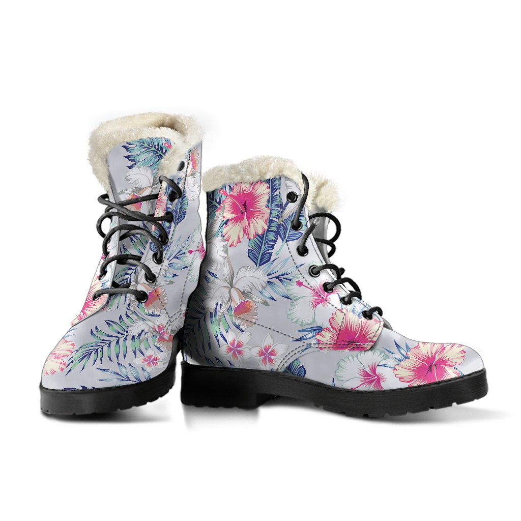 Hibiscus Print Faux Fur Leather Boots