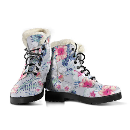 Hibiscus Print Faux Fur Leather Boots