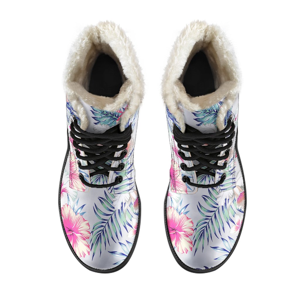 Hibiscus Print Faux Fur Leather Boots