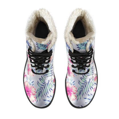 Hibiscus Print Faux Fur Leather Boots