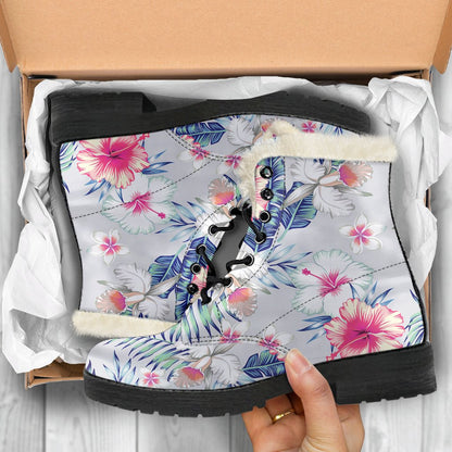 Hibiscus Print Faux Fur Leather Boots