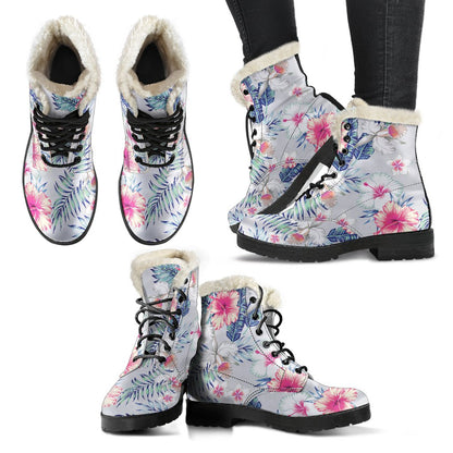 Hibiscus Print Faux Fur Leather Boots