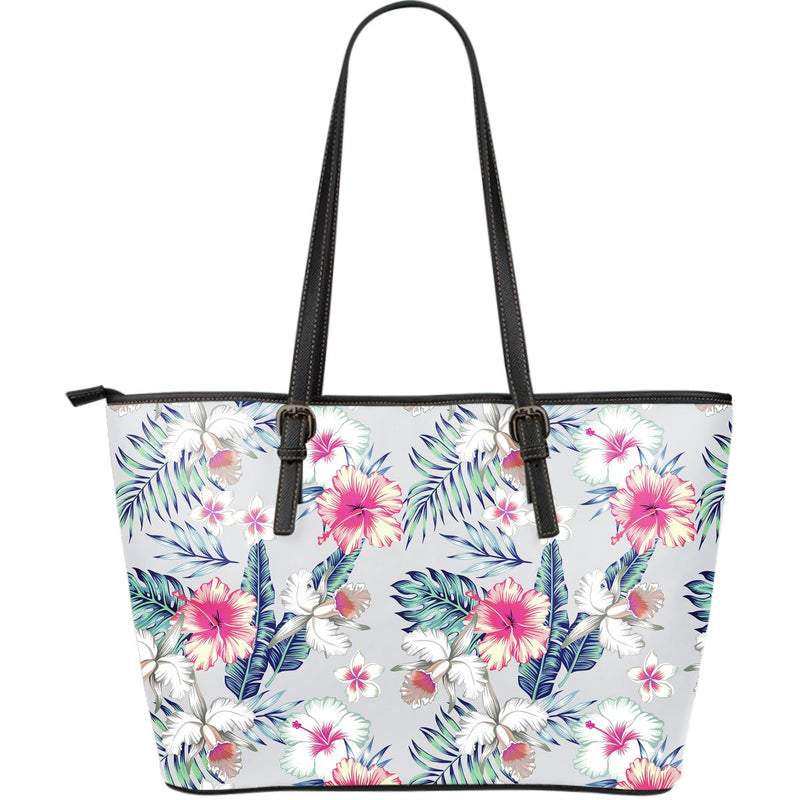 Hibiscus Print Large Leather Tote Bag