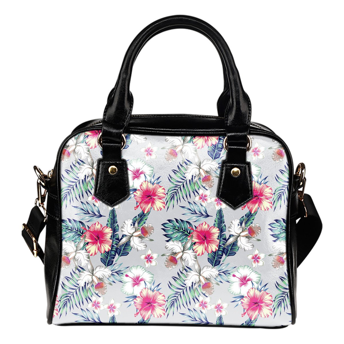 Hibiscus Print Leather Shoulder Handbag