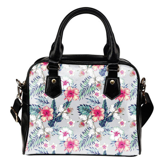Hibiscus Print Leather Shoulder Handbag