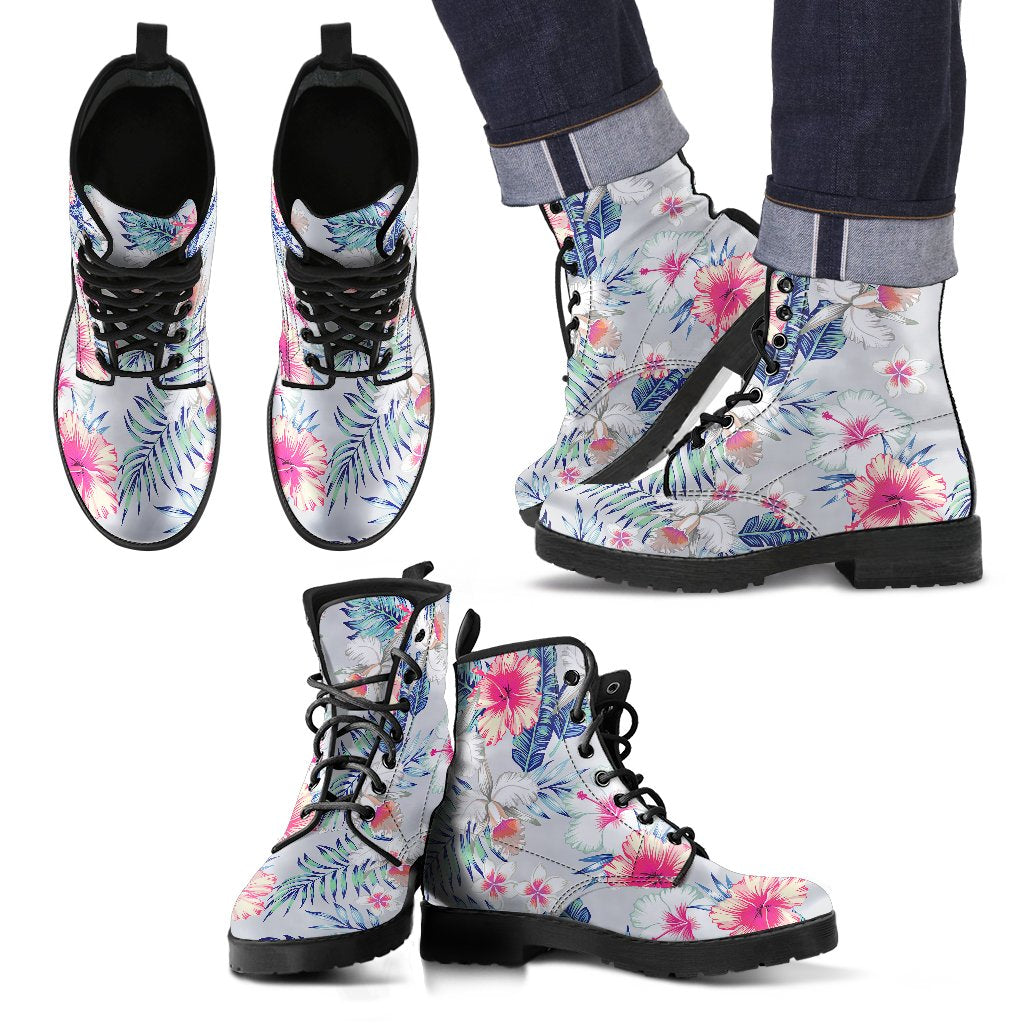 Hibiscus Print Men Leather Boots