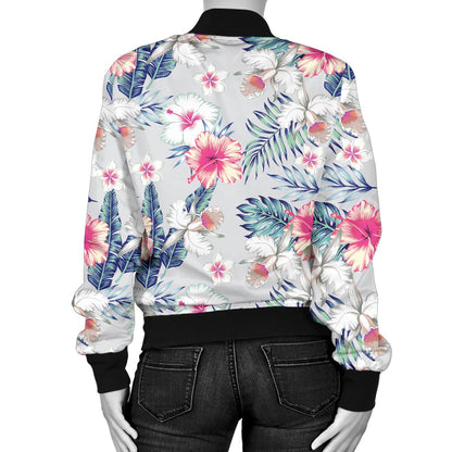 Hibiscus Print Women Casual Bomber Jacket