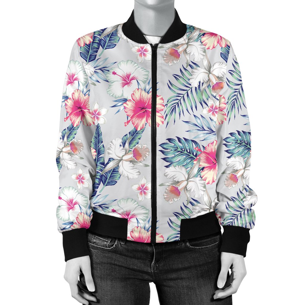 Hibiscus Print Women Casual Bomber Jacket