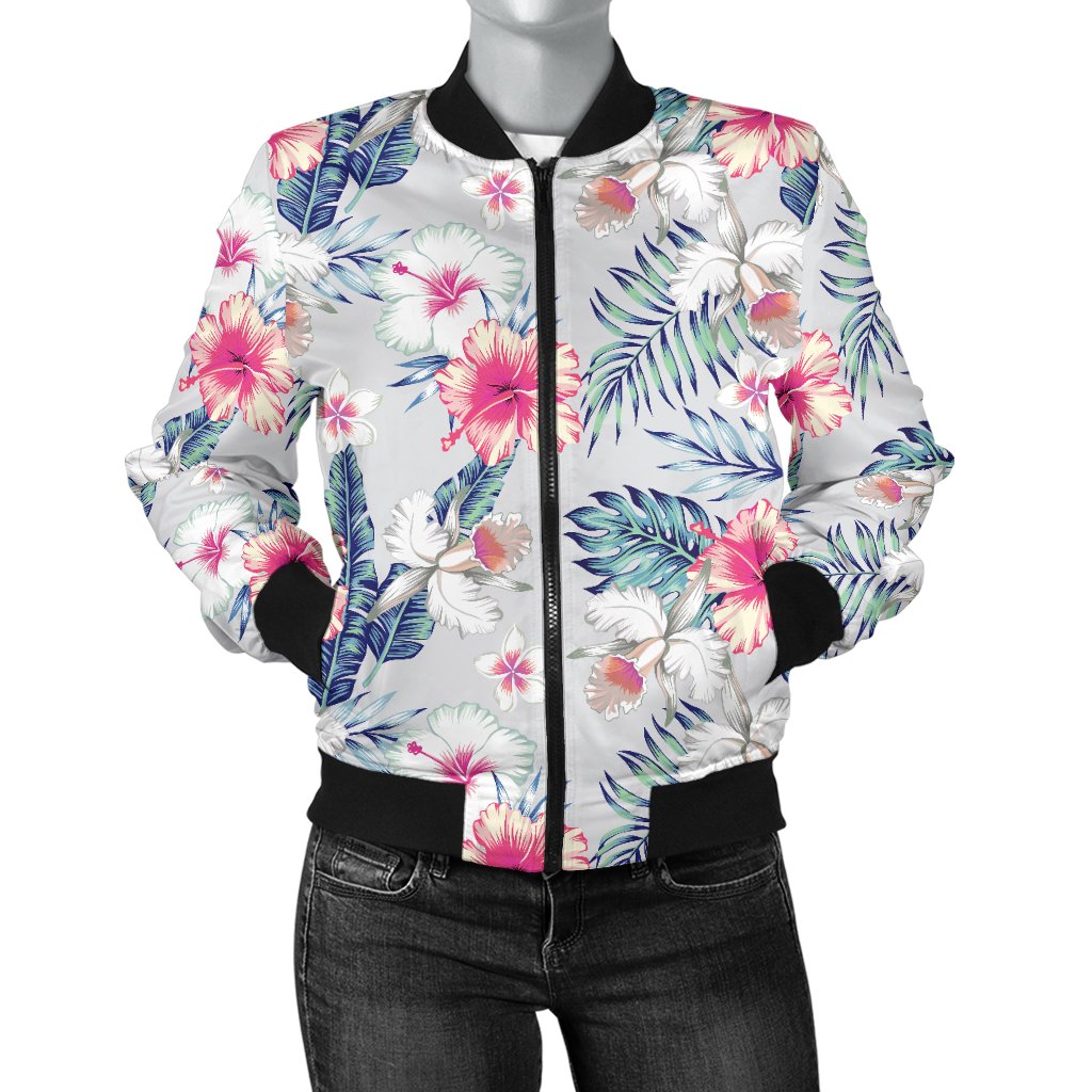 Hibiscus Print Women Casual Bomber Jacket