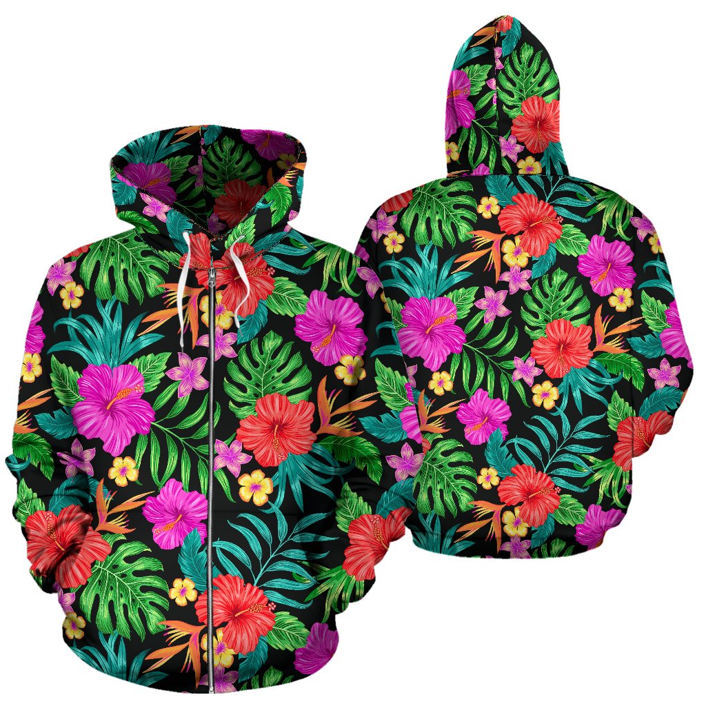 Hibiscus Red Hawaiian Flower All Over Zip Up Hoodie