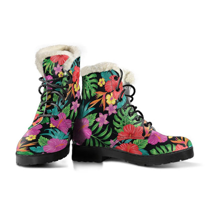 Hibiscus Red Hawaiian Flower Faux Fur Leather Boots