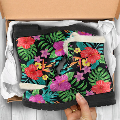 Hibiscus Red Hawaiian Flower Faux Fur Leather Boots