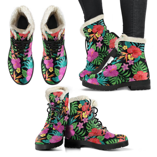 Hibiscus Red Hawaiian Flower Faux Fur Leather Boots