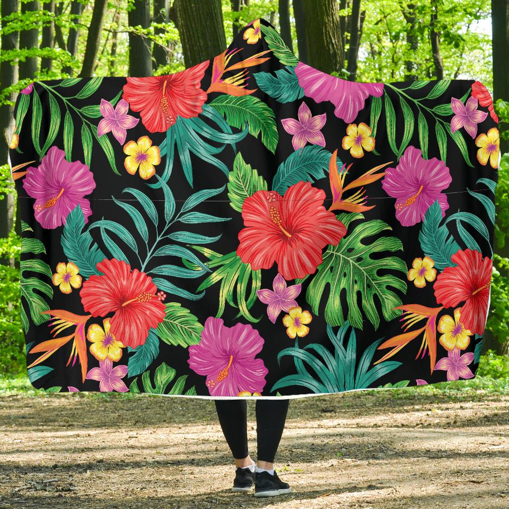 Hibiscus Red Hawaiian Flower Hooded Blanket-JORJUNE.COM