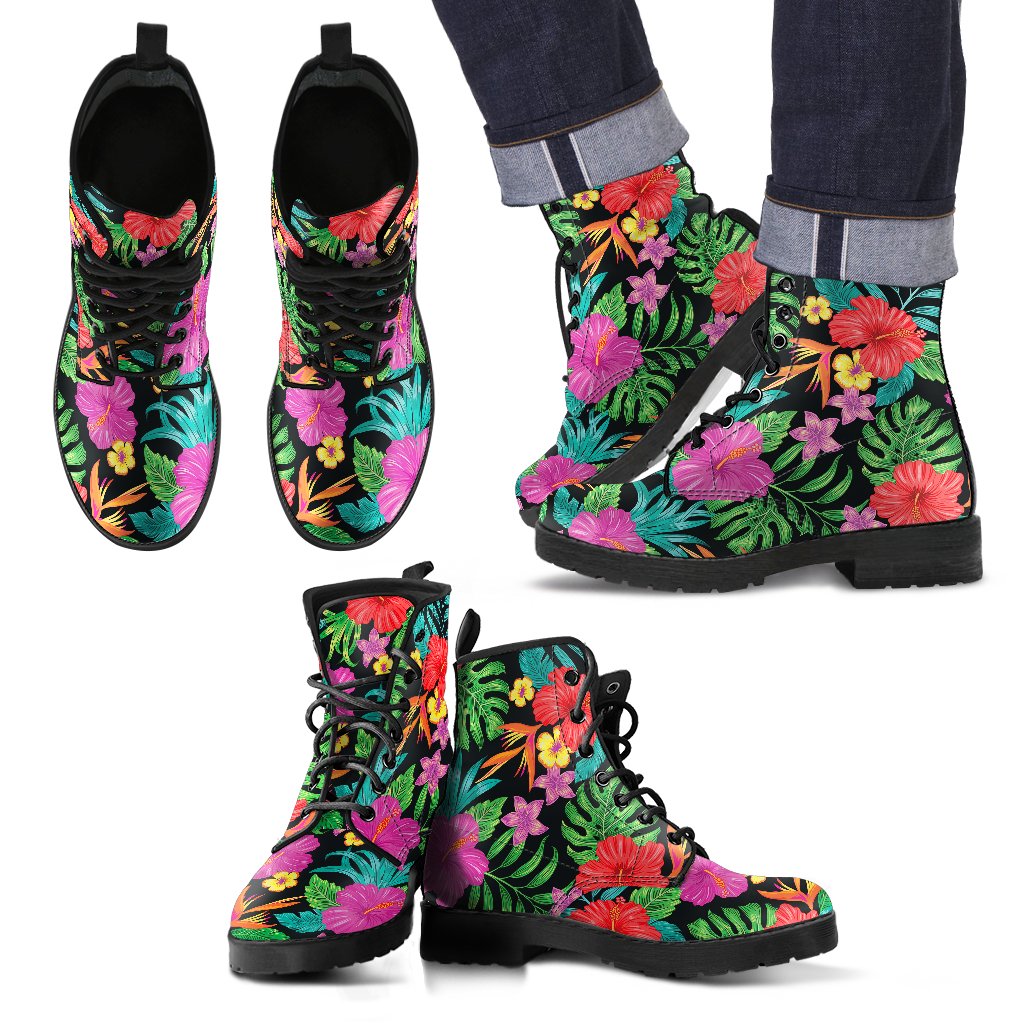 Hibiscus Red Hawaiian Flower Men Leather Boots