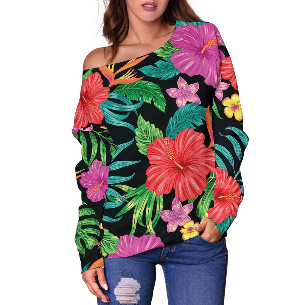 Hibiscus Red Hawaiian Flower Off Shoulder Sweatshirt