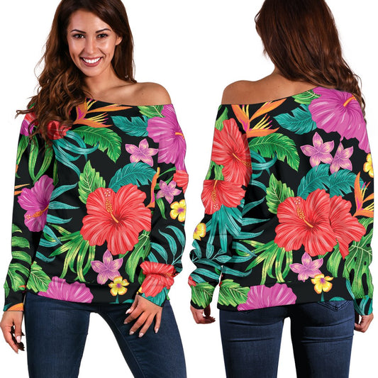 Hibiscus Red Hawaiian Flower Off Shoulder Sweatshirt
