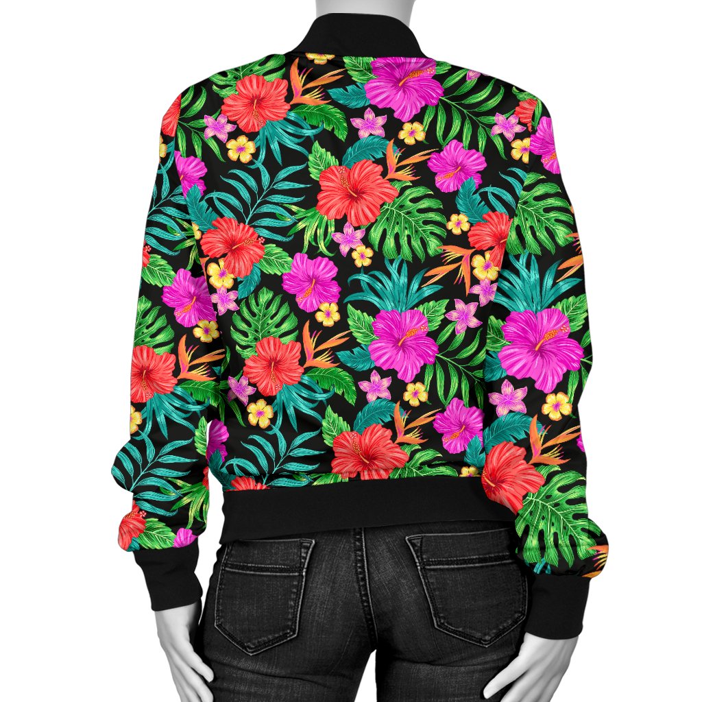 Hibiscus Red Hawaiian Flower Women Casual Bomber Jacket