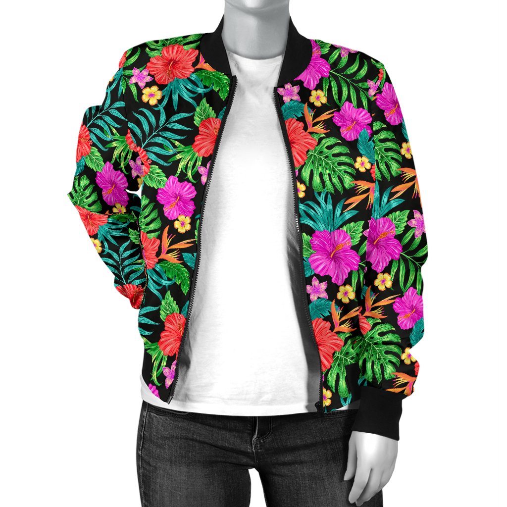 Hibiscus Red Hawaiian Flower Women Casual Bomber Jacket
