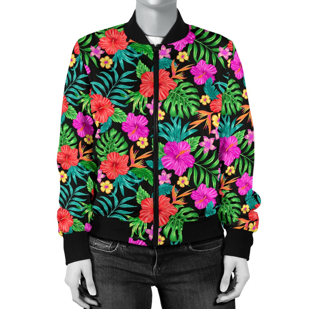Hibiscus Red Hawaiian Flower Women Casual Bomber Jacket