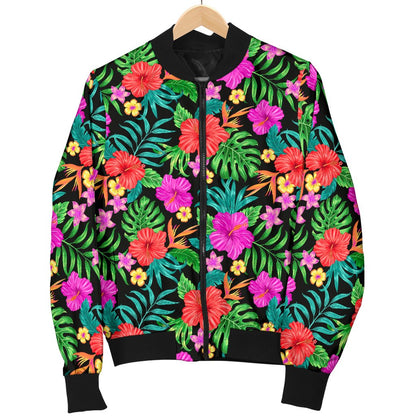 Hibiscus Red Hawaiian Flower Women Casual Bomber Jacket