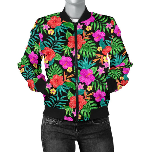 Hibiscus Red Hawaiian Flower Women Casual Bomber Jacket