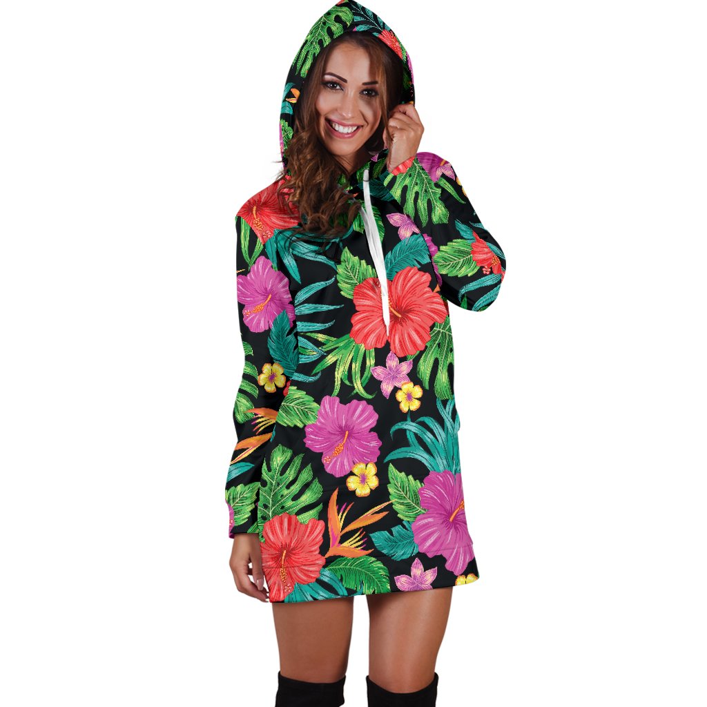 Hibiscus Red Hawaiian Flower Women Hoodie Dress