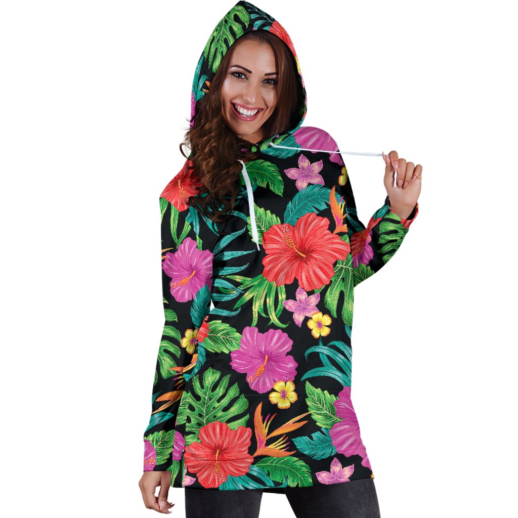 Hibiscus Red Hawaiian Flower Women Hoodie Dress