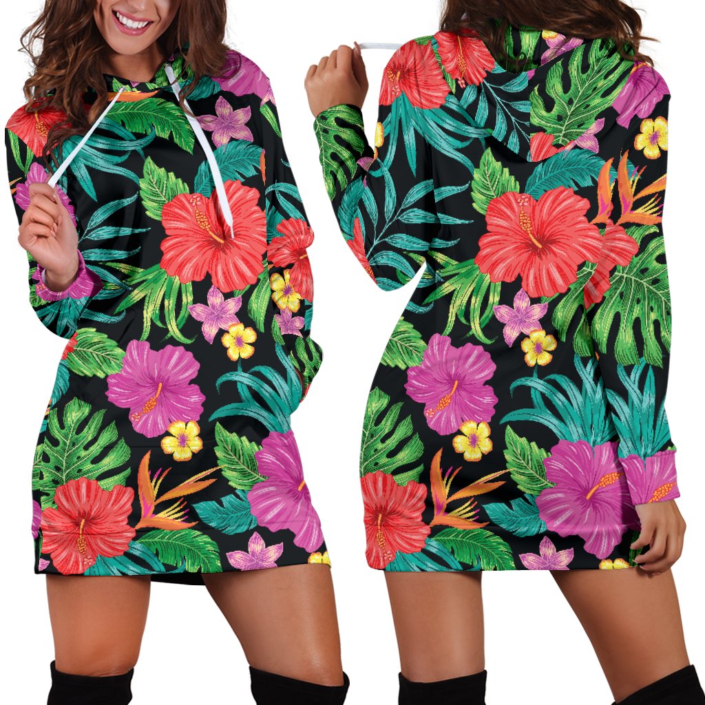Hibiscus Red Hawaiian Flower Women Hoodie Dress