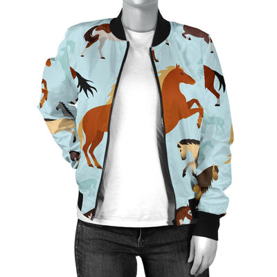 Horse Cute Themed Pattern Print Women Casual Bomber Jacket