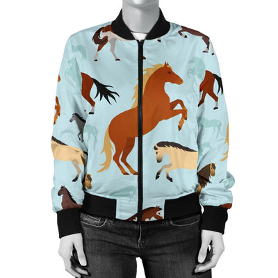 Horse Cute Themed Pattern Print Women Casual Bomber Jacket